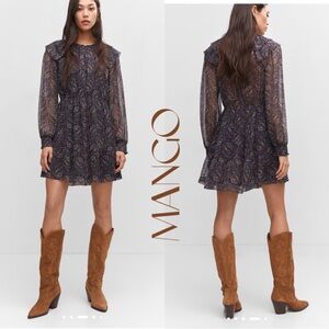 Mango Women's Navy Paisley Printed Chiffon Dress Sz XS NWT